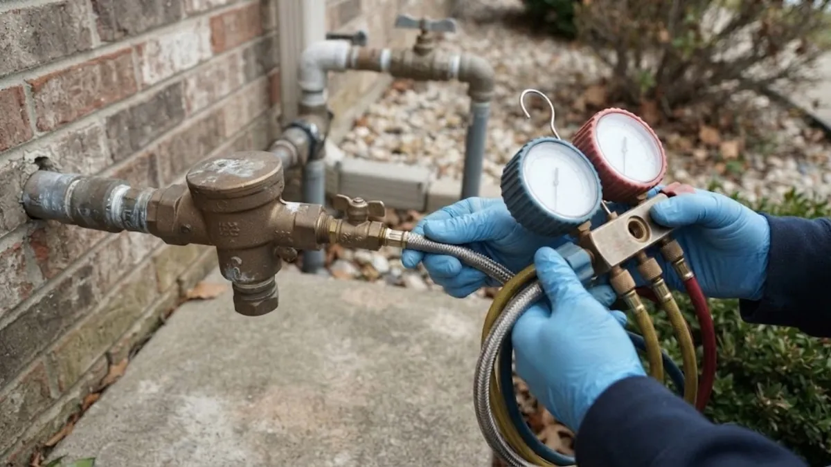 Backflow assembly with a test gauge connected during an annual backflow test