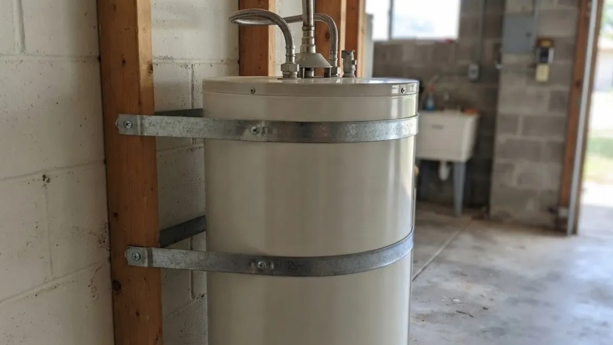 Water heater braced to wall studs with two straps to meet California earthquake rules
