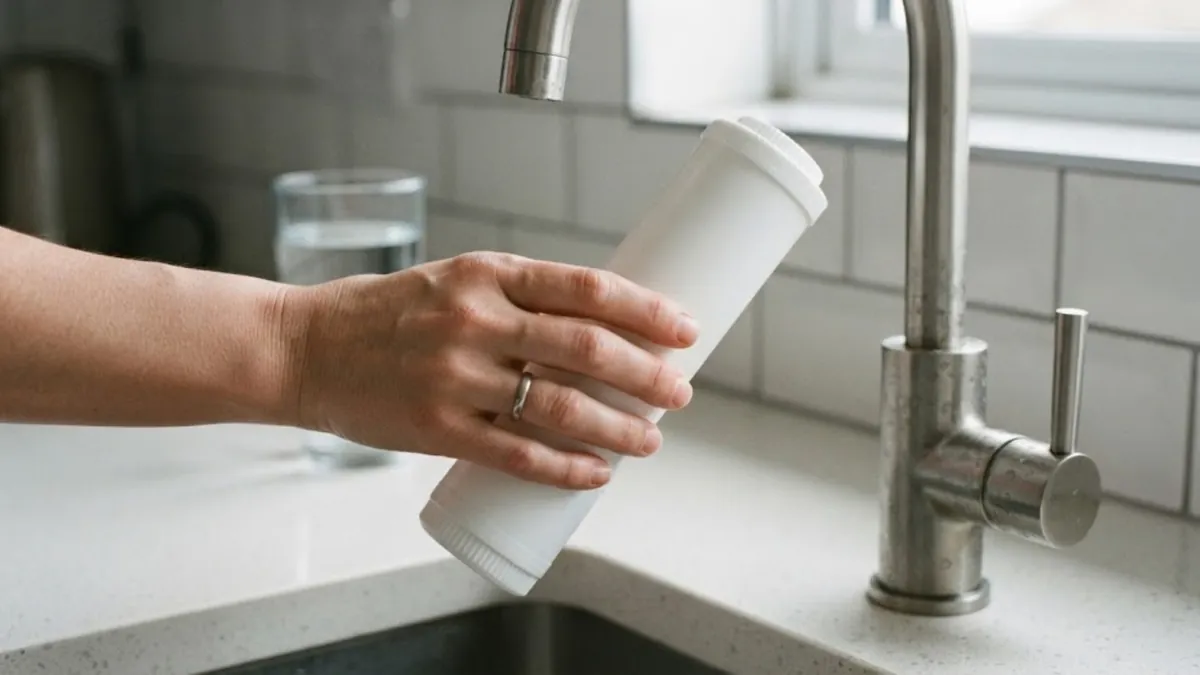 Carbon filter cartridge held beside a kitchen tap, matched to chloramine-treated tap water