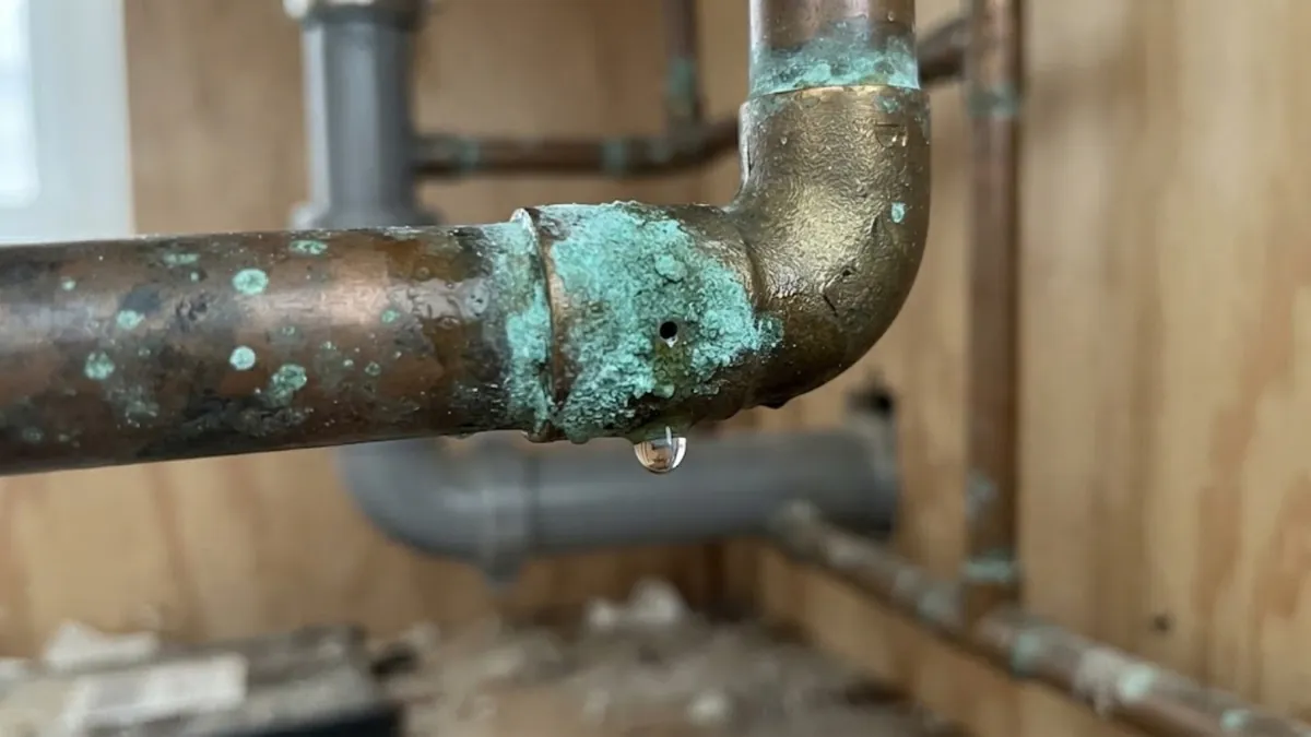 Green corrosion and a pinhole leak on a copper pipe fitting