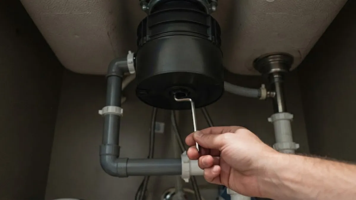 Hex key in the bottom socket of a jammed garbage disposal