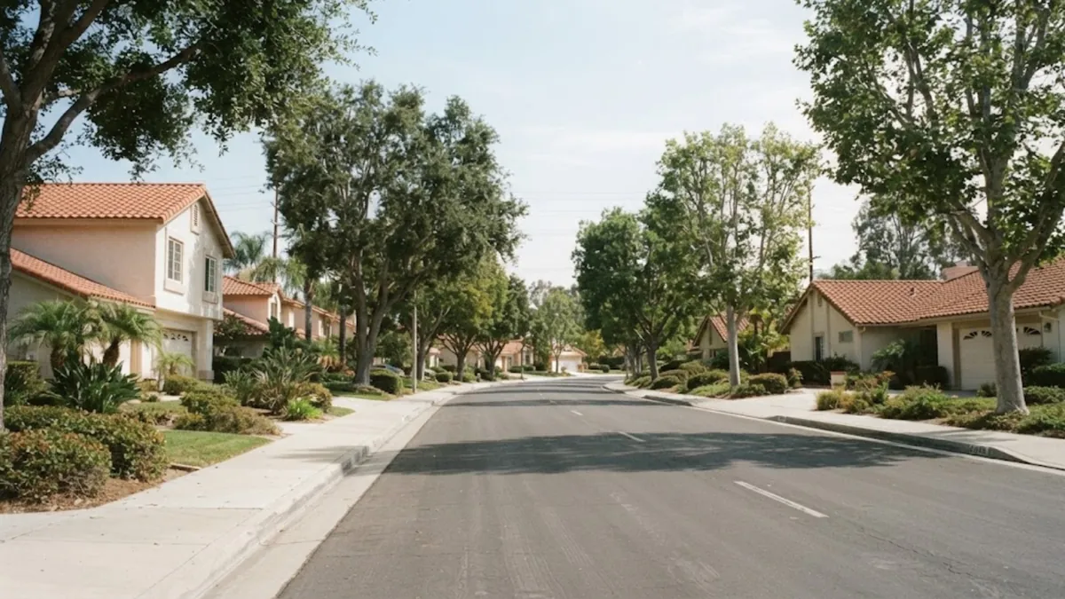 Tile-roof homes and mature street trees on a residential street in Mission Viejo, CA