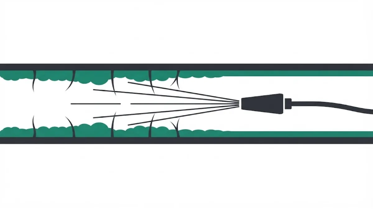 Cross-section illustration of a hydro jetting nozzle cleaning grease and roots from a sewer pipe