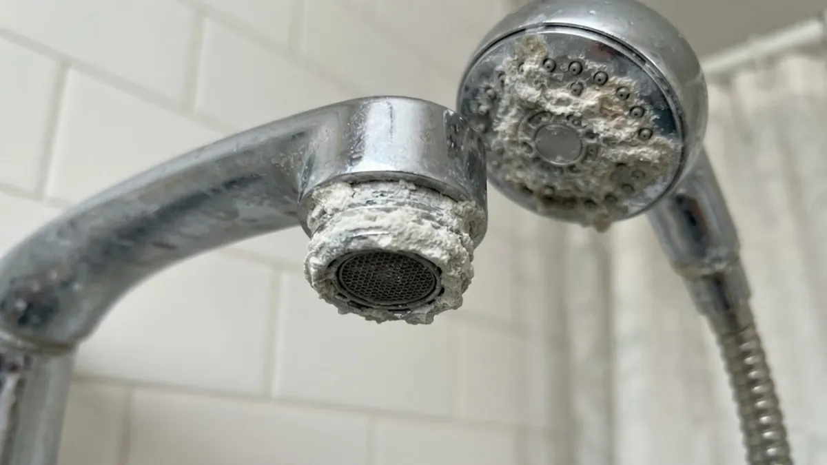 White limescale on a faucet aerator, a sign of hard water in Mission Viejo