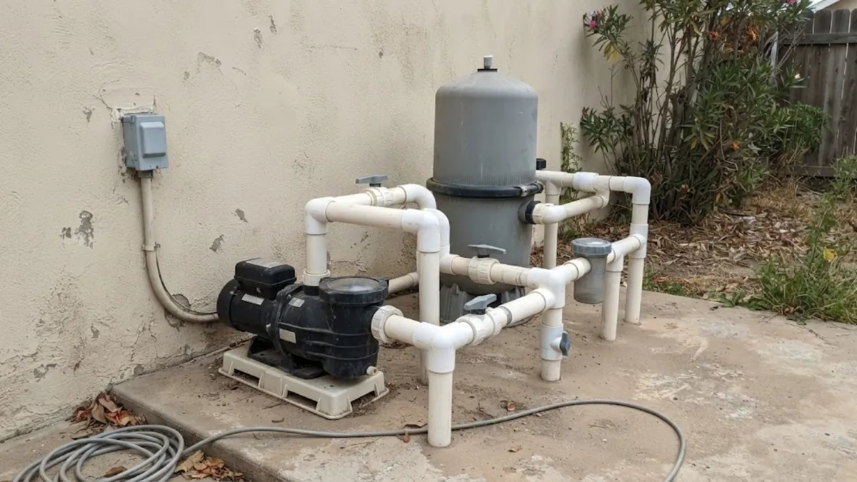 Pool equipment pad with pump, filter and plumbing lines checked for leaks in Mission Viejo