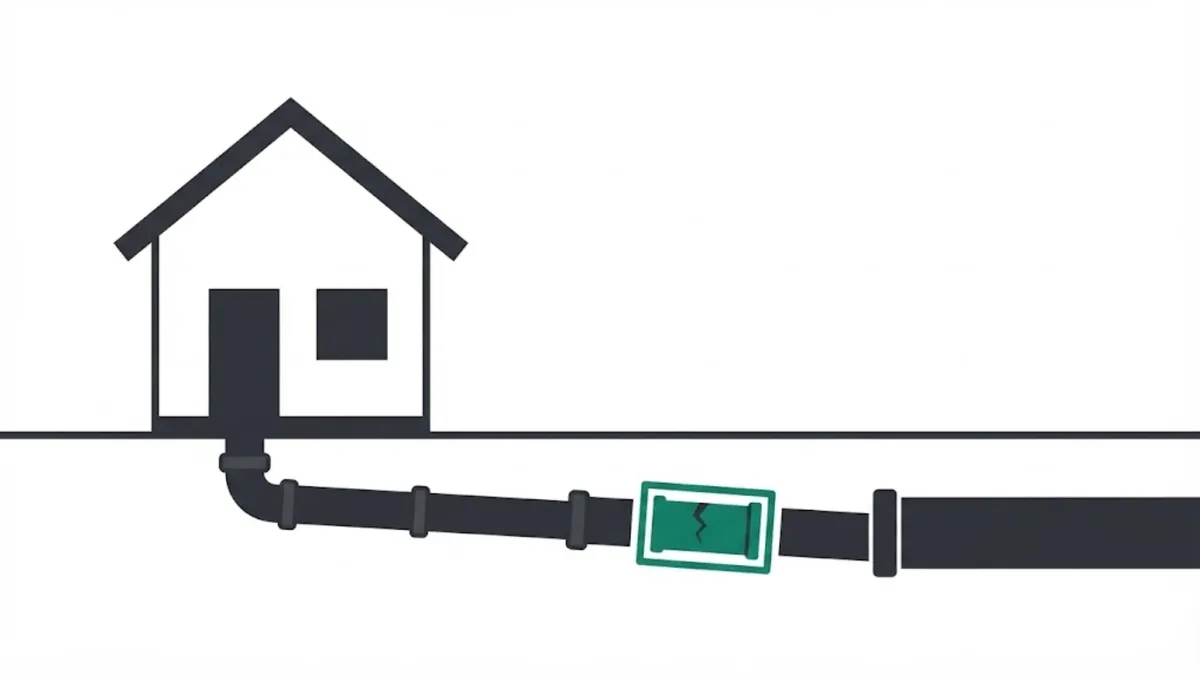 Cutaway illustration of a house sewer lateral with a cracked joint needing repair in Mission Viejo