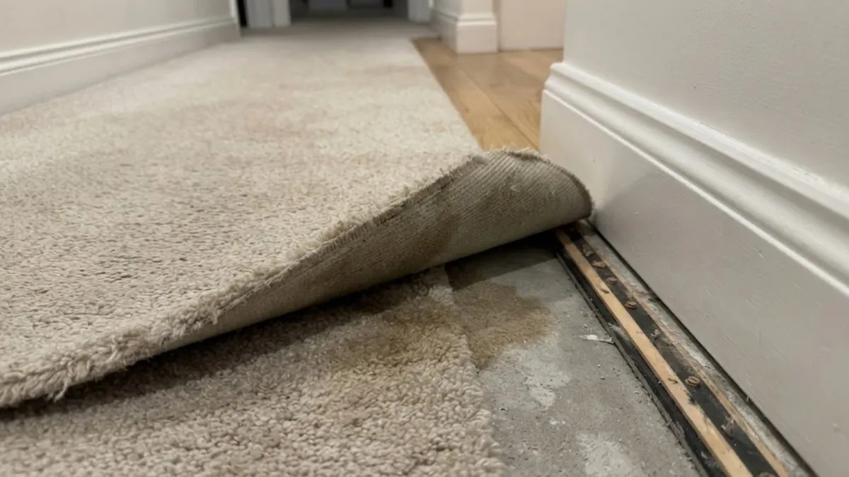 Damp carpet edge along a baseboard, one sign of a slab leak in a single-story home