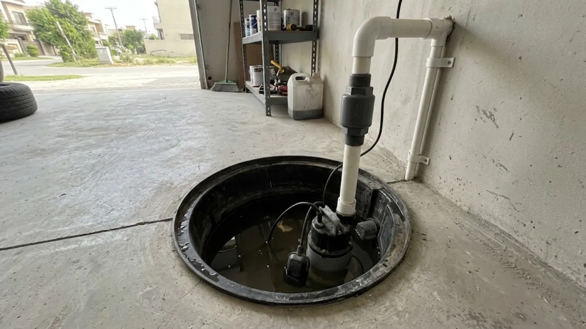 Sump pump basin with discharge pipe and check valve in a Mission Viejo garage