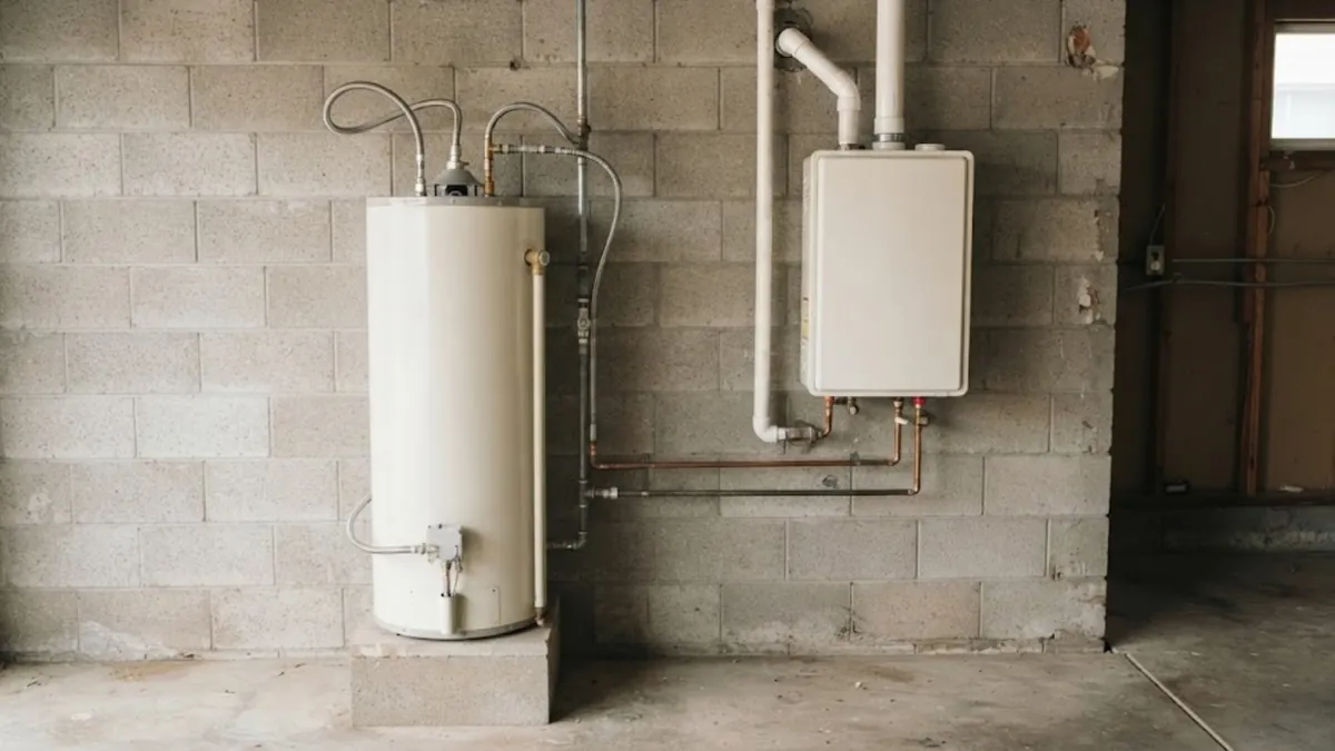 Tank water heater beside a tankless unit for a tank versus tankless comparison