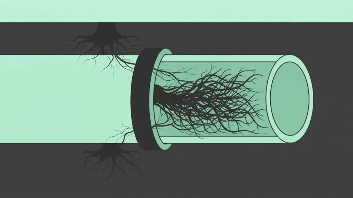 Cutaway illustration of tree roots growing into a sewer pipe joint
