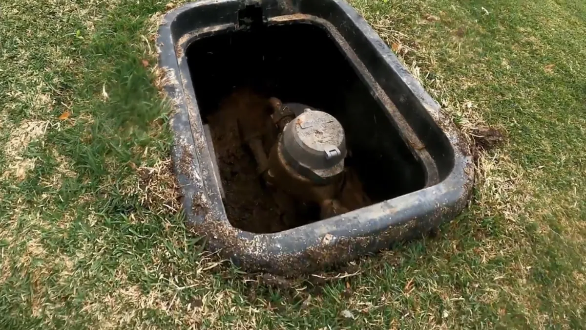 Meter box in a front yard marking the start of the water service line to a Mission Viejo home