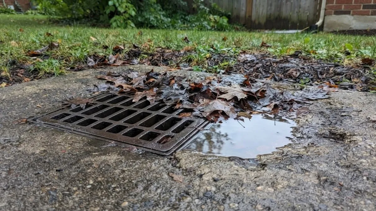 Yard drain grate covered with leaves after rain, a storm-season plumbing check in Orange County